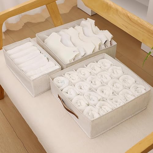House of Quirk 3 Pack Sock Underwear Clothing Organizer Dividers, 33 Cell Drawer Cotton Linen Foldable Cabinet Closet Storage Boxes for Storing Socks, Underwear, Ties (20+7+6 Cell, Beige)