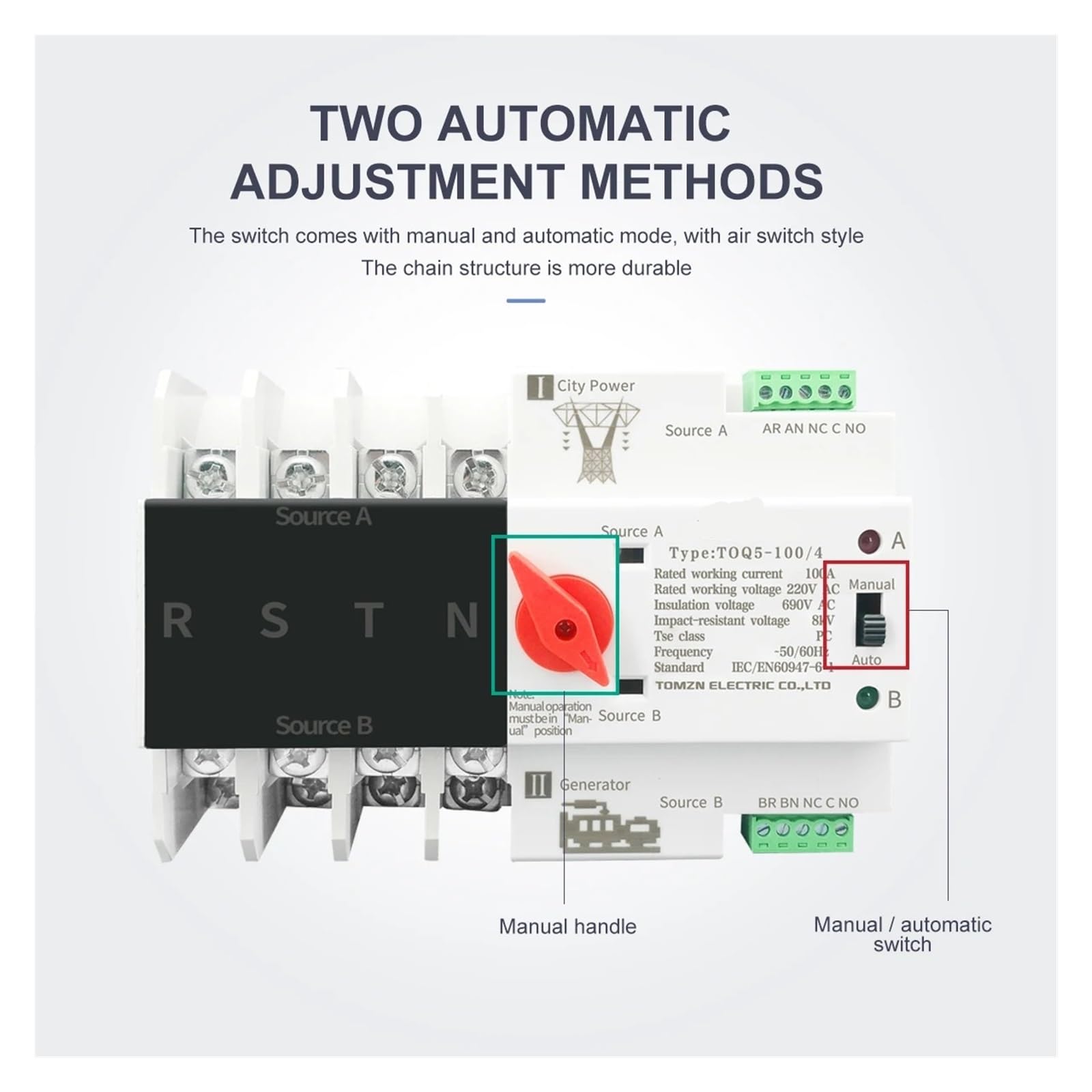 1PCS Rail triphasé ATS Double alimentation Commutateur de transfert automatique Sélecteur électrique Alimentation sans interruption 4P 63A 100A 125A(25 V,110V)