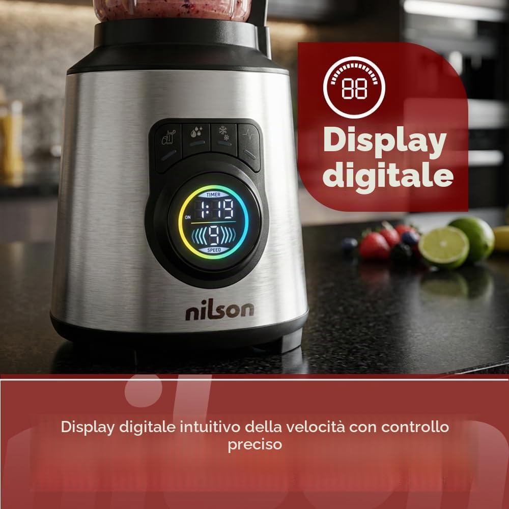 Frullatore a bicchiere nutrizionale, 1200 W, potenza massima, capacità 1,5 l, 9 velocità, display a LED manuale, frantumazione, miscelazione e becco ghiaccio, funzione turbo, NTB1200DX