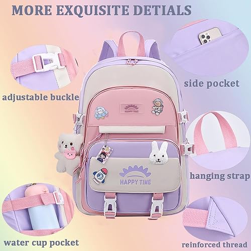 Miniatura 2 de Mochila escolar Kawaii para niños con bolsa de almuerzo y estuche para lápices de 3 uds, Rabbit-rosa, Grande, Arco iris