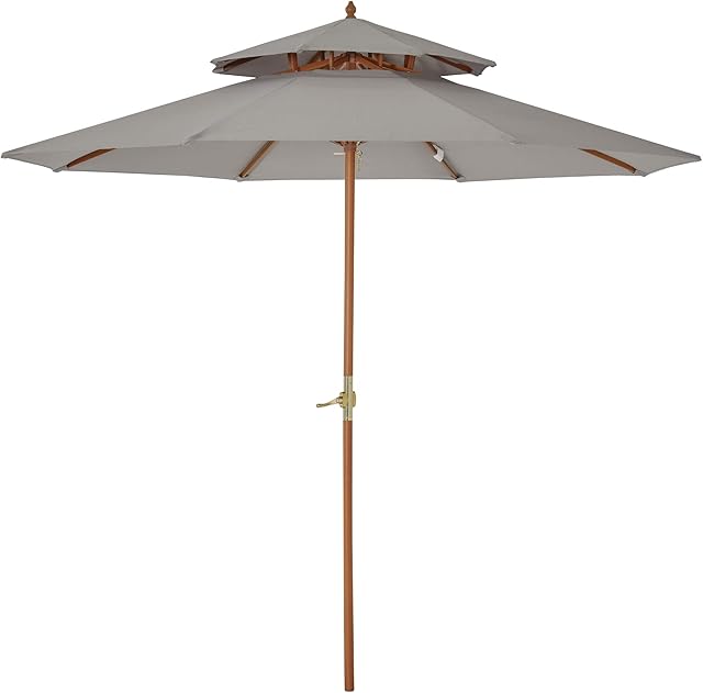 Outsunny 2.7 m Patio Parasol Double Tier Garden Umbrellas Outdoor Sun Umbrella Sunshade Bamboo Parasol, Grey
