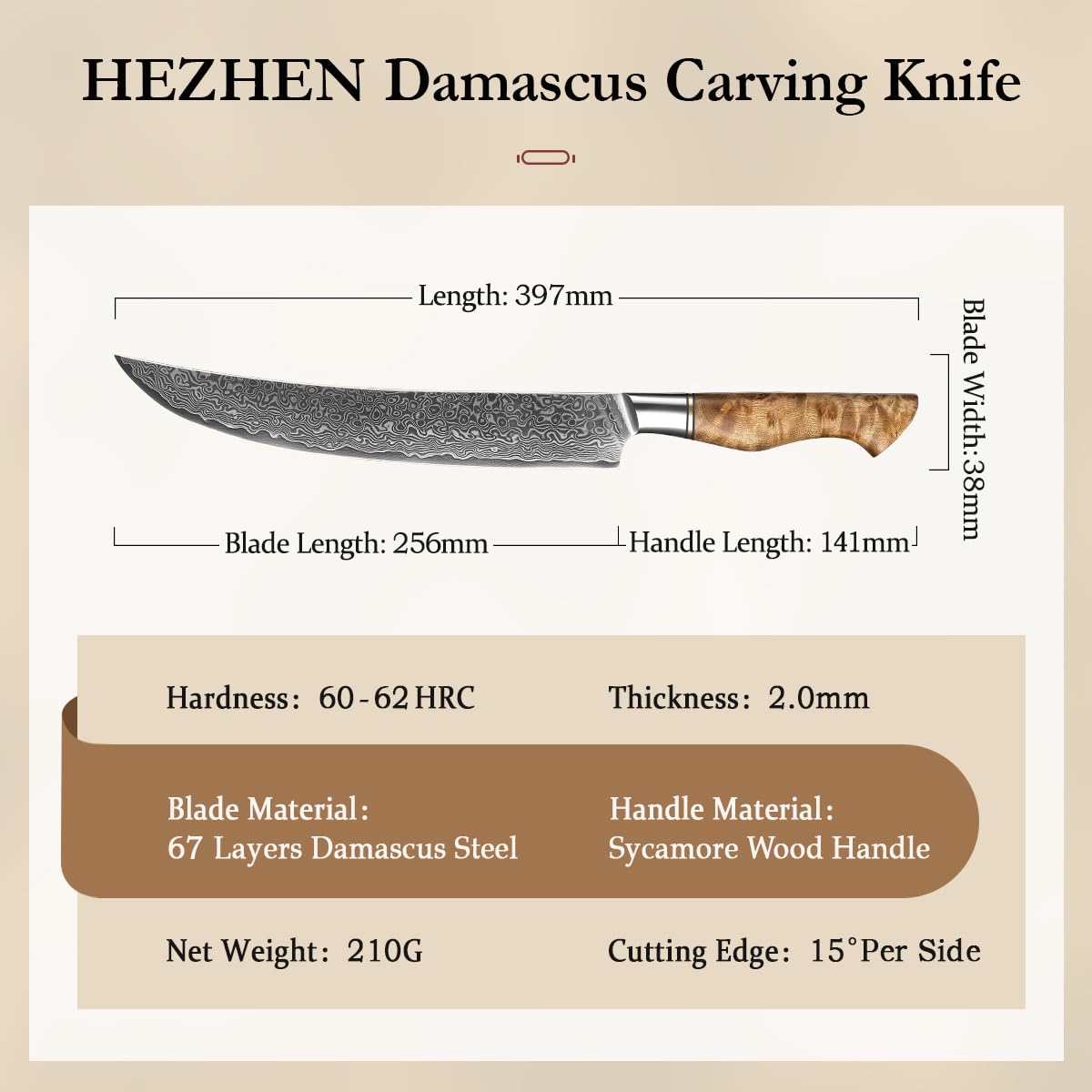 HEZHEN Damast Tranchiermesser, Damaststahl Fleischmesser Professionelle Slicer Messer, Zum Schneiden von Truthahn, Grill