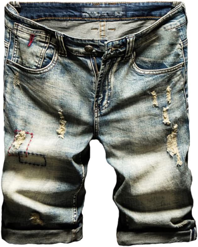 KEHAIOO Men's Hole Denim Shorts Summer Retro Ripped Slim Street Hip Hop Short Jeans Youth Slim Knee-Length Pants