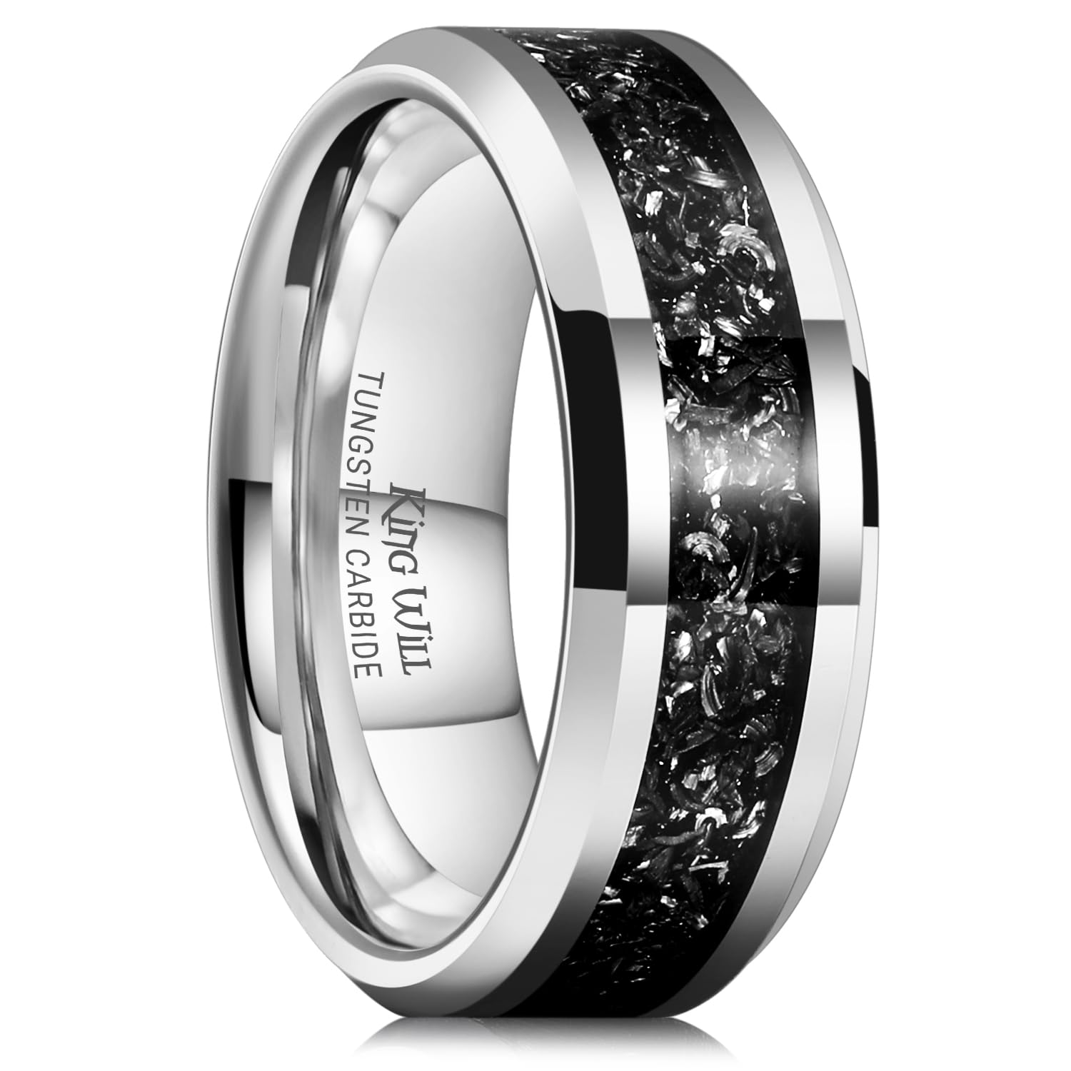 Mens Meteorite Tungsten Wedding Bands, 6mm/8mm Width, Black/Silver Engagement Rings for Couples, Beveled Edge Promise Ring for Women Comfort Fit