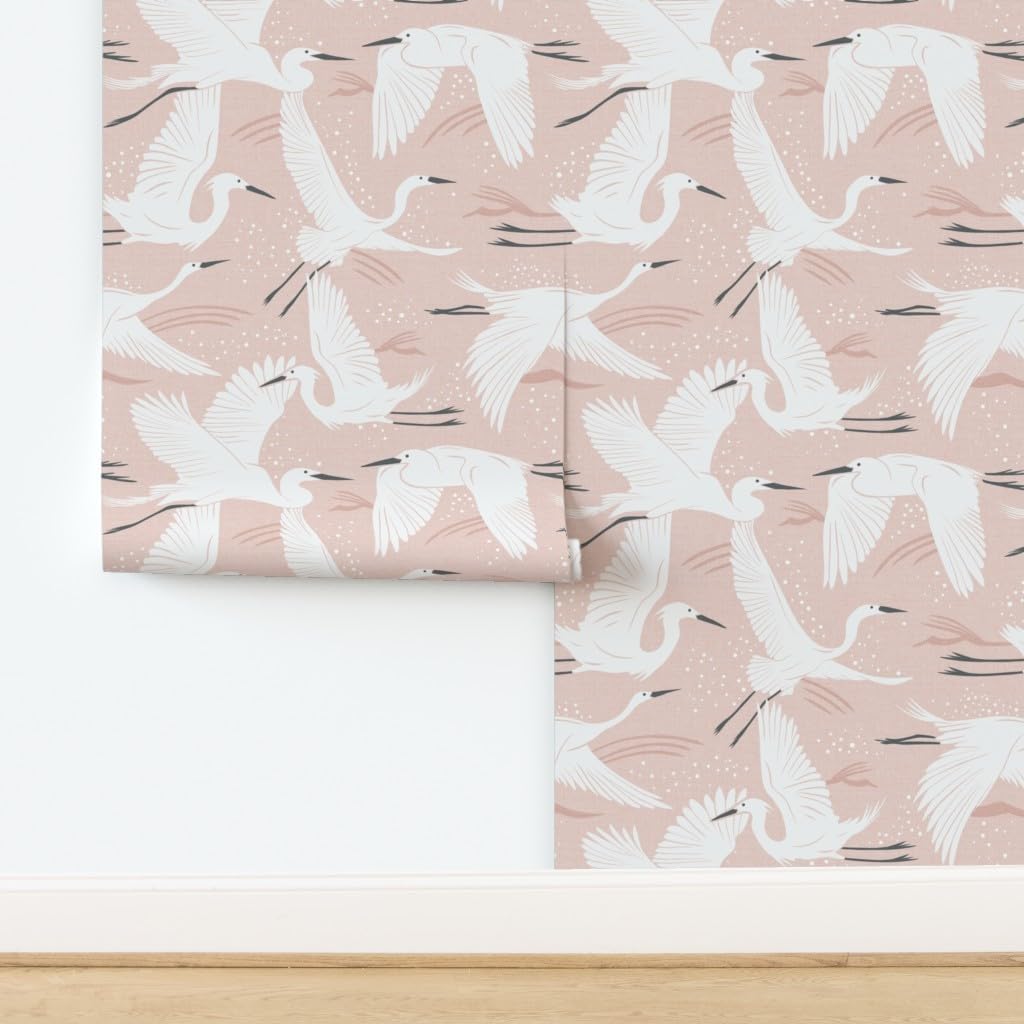 Spoonflower Peel & Stick Wallpaper 3ft x 2ft - Blush Pink Crane Bird Vintage Nature Birds Animals Custom Removable Wallpaper