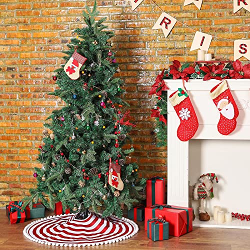 HOHOTIME Christmas Tree Skirt, Red White Annual Rings 30 Inch Tree Skirt with Pom Pom Trim for Holiday Party Xmas Natural Rustic Tree Skirt for Holiday Home Decor by HOHOTIME - Image 6