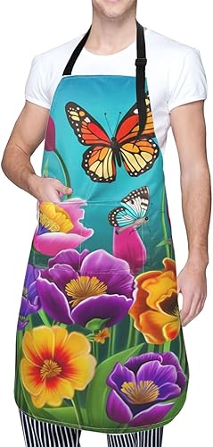 Miniatura 2 de Delantales florales azules para el hogar, 2 bolsillos, 33 x 28 pulgadas, para hombres y mujeres, diseño floral gris, impermeable, para manualidades,