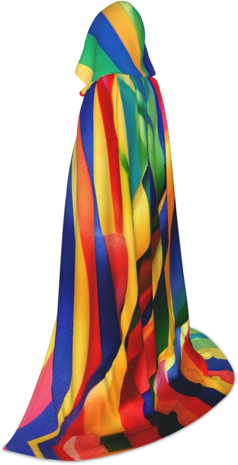 Rainbow Color stripe print Wizard Hooded Robe Medieval Cape Renaissance Cloak for Men Women Halloween Costume