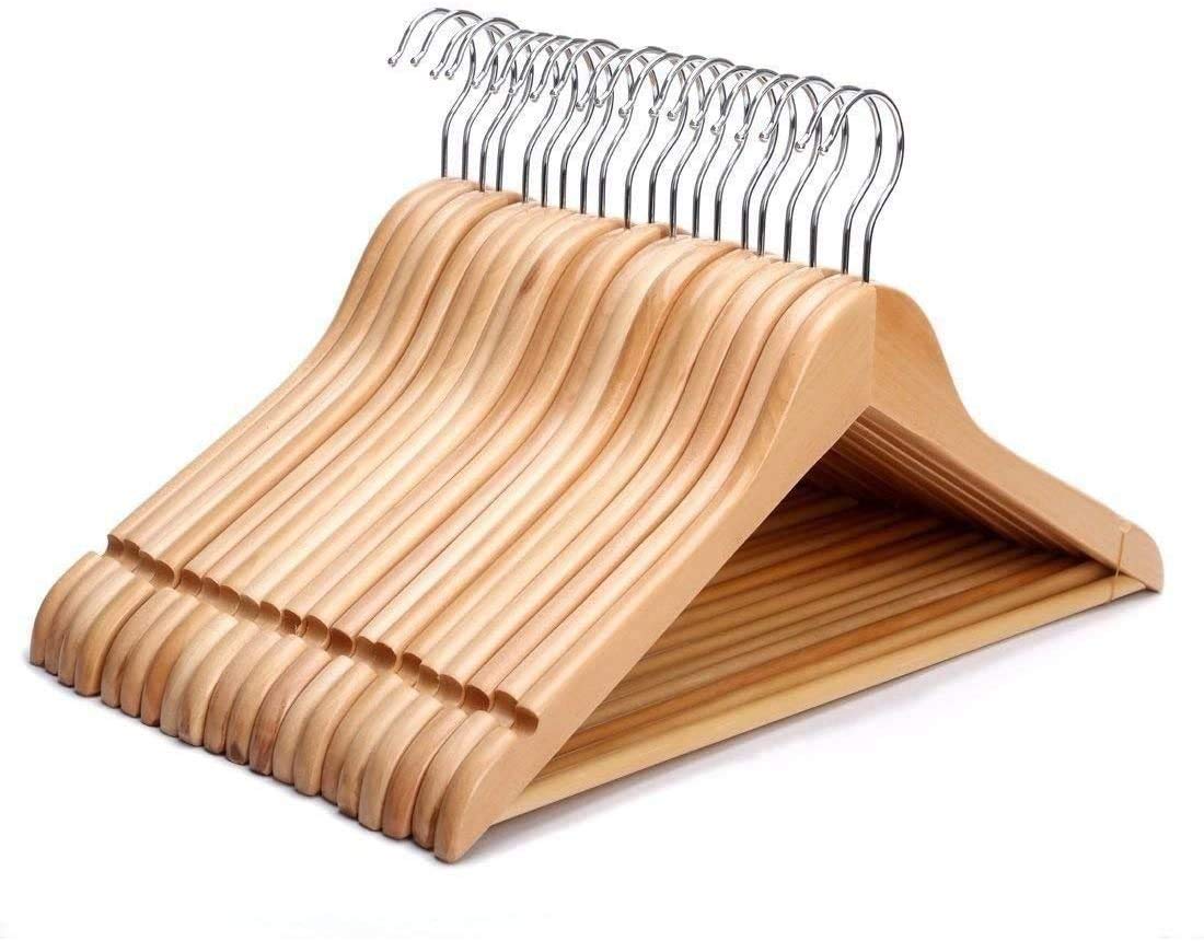 Pack of 10 Round Trouser Bar and Shoulder Notches Strong Premium Wooden Coat Hangers