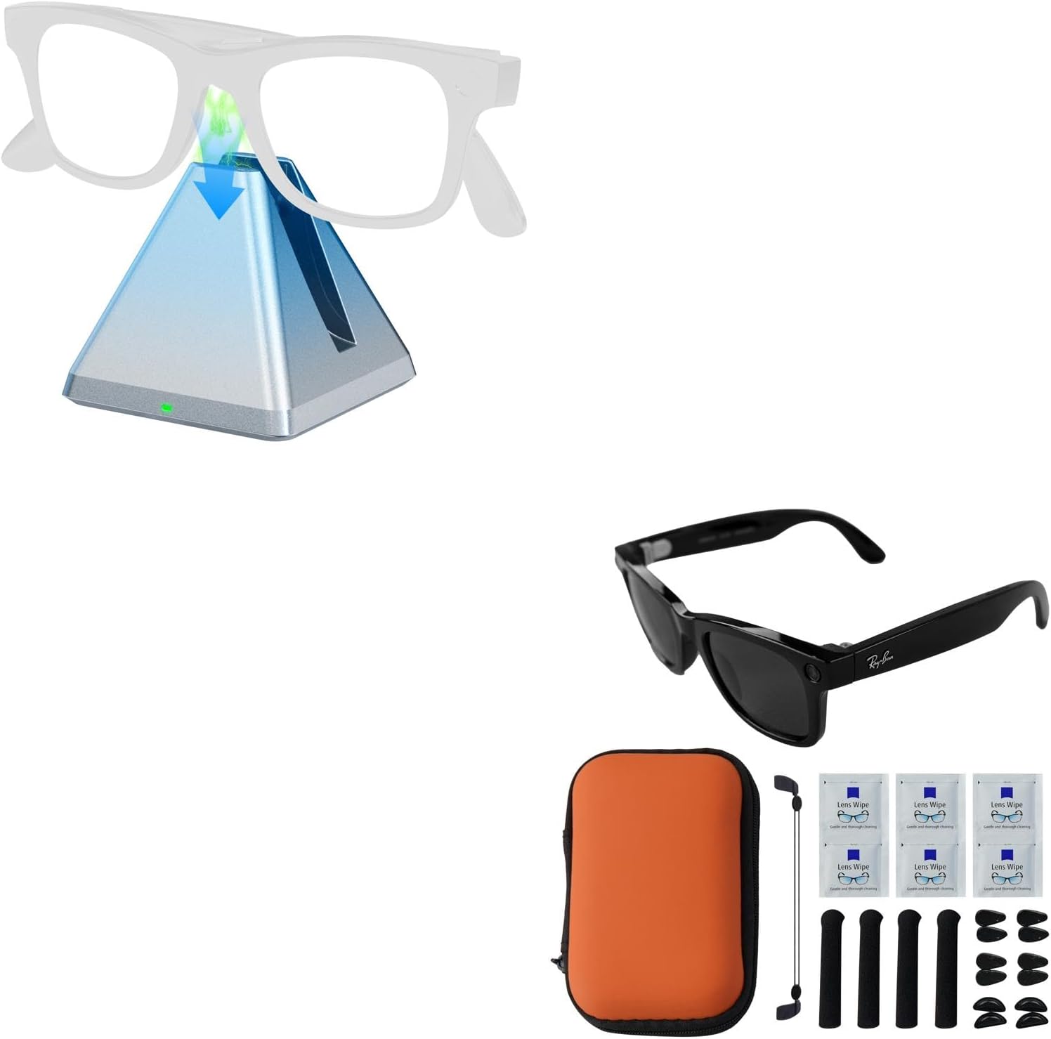 Smart Glasses Charging Dock & Accessories Kit for Ray-Ban/Oakley Meta – Includes Charging Stand with LED Indicator + Storage Case, Nose Pads, Lanyard, Cleaning Papers & Holders – Compatible with Wayfa