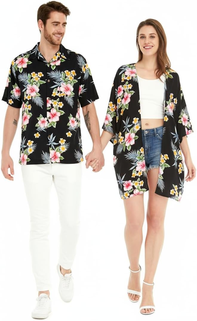 Matchable Couple Hawaiian Luau Shirt or Kimono in Hibiscus Black