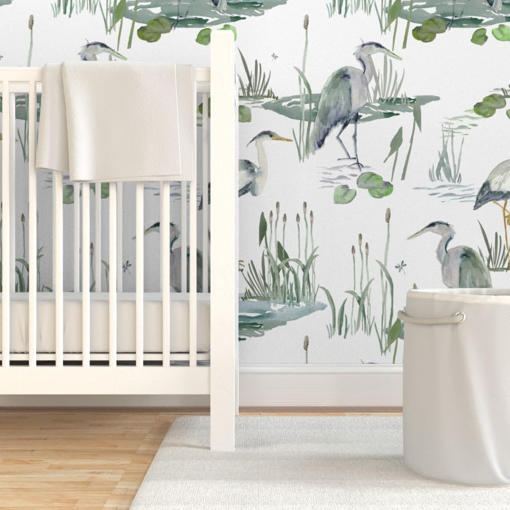 Spoonflower Peel & Stick Wallpaper Swatch - Watercolor Marsh Pond Heron Birds Nature Coastal Cattails Seaside Coast Beach Egret Large Scale Custom Removable Wallpaper