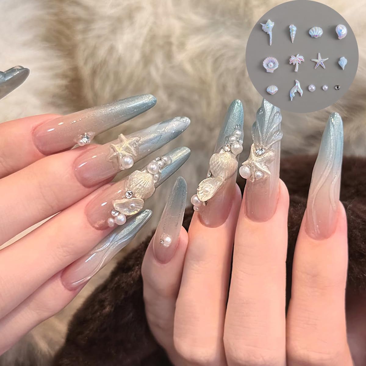 3D Aurora Ocean Nail Charms, Summer Beach Nail Resin Charms Set with Shells Conchs Starfish Pearls Gems Caviar Beads Jewelry for Women DIY Professional Nail Art Decorations Accessories Set