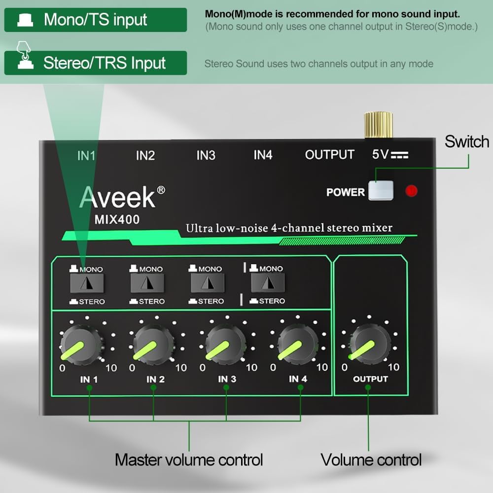 Aveek 4 Channel Mixer, Mini 4 Stereo Audio Mixer - Image 3