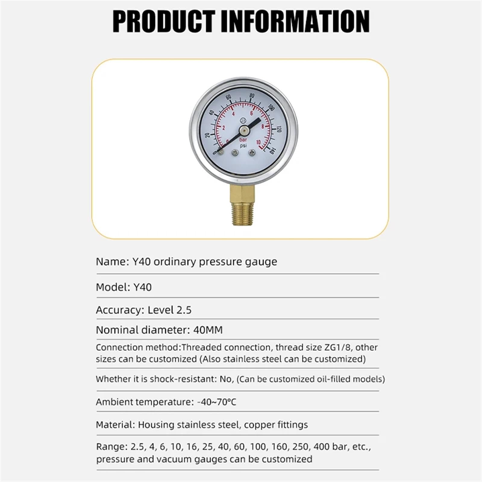 Manómetro Digital de 40 mm con conexión de Rosca 1/8" y Caja de Acero Inoxidable con Junta de Cobre. Medidor de llenado de Aceite hidráulico (M10-1 con Aceite, 0-16 Bar).