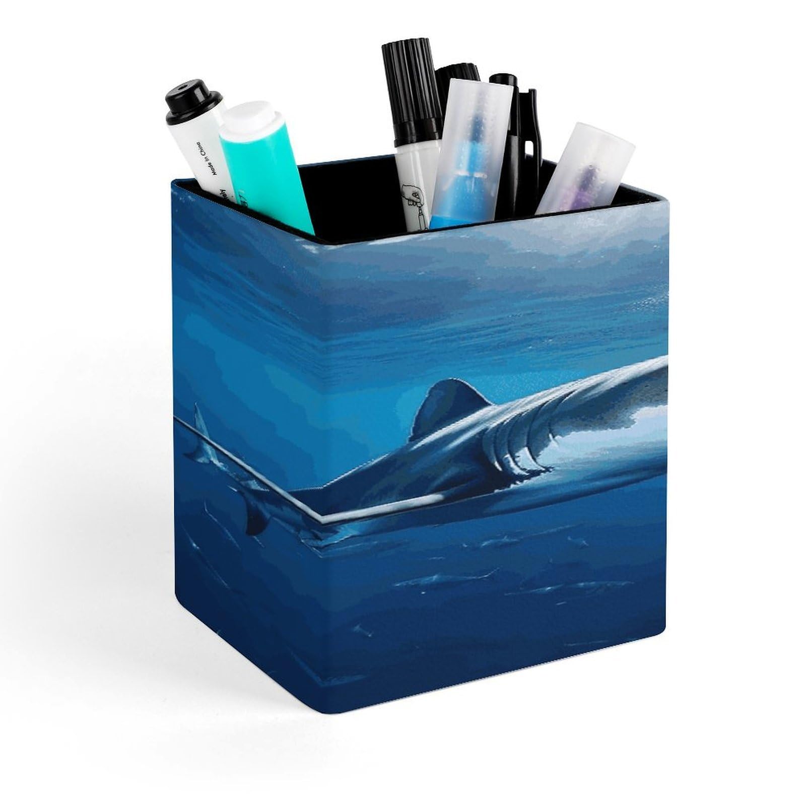 FekiLoot Ocean Sea Animal Shark Pen Holder for Desk Minimalist Leather Pencil Holder Fashion Modern Pencil Cup Decorative Square Pen Cup Locker Organizer for Office Work Locker Accessories