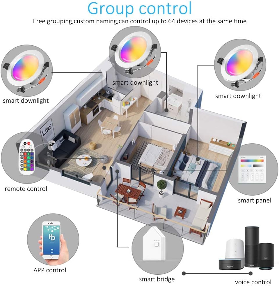 Greatest Product Sumaote Smart Recessed Lighting 6 Inch 15W 1200Lm Both Wi-Fi & Bluetooth Controlled RGBWC LED Downlights Retrofit CCT 2700K - 6500K, Compatiable with Alexa/Google Assistant, 4 Pack