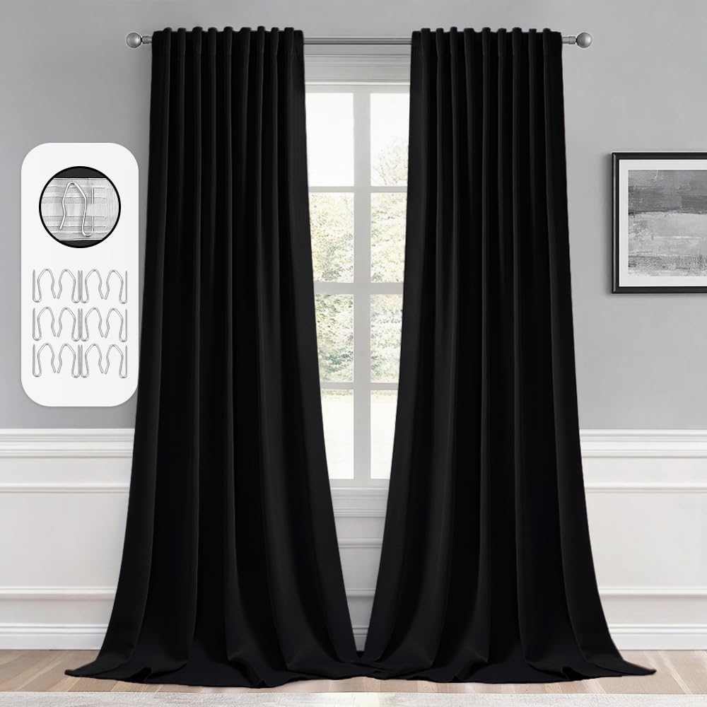 MIULEE 2 Panels Set Black Back Tab Blackout Curtains 52x96 Inch Long | Rod Pocket Pinch Pleated, Thermal Insulated, Halloween Drapes for Bedroom Living Room Darkening, Floor to Ceiling Curtains