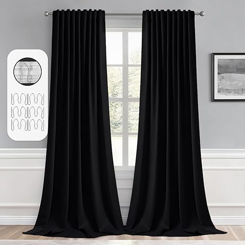 MIULEE Back Tab Blackout Curtains 108 Inch Long 2 Panels Set for Living Room Bedroom, Halloween Black Rod Pocket/Pinch Pleated Extra Long Thermal Insulated Room Darkening Light Blocking Curtain/Drapes