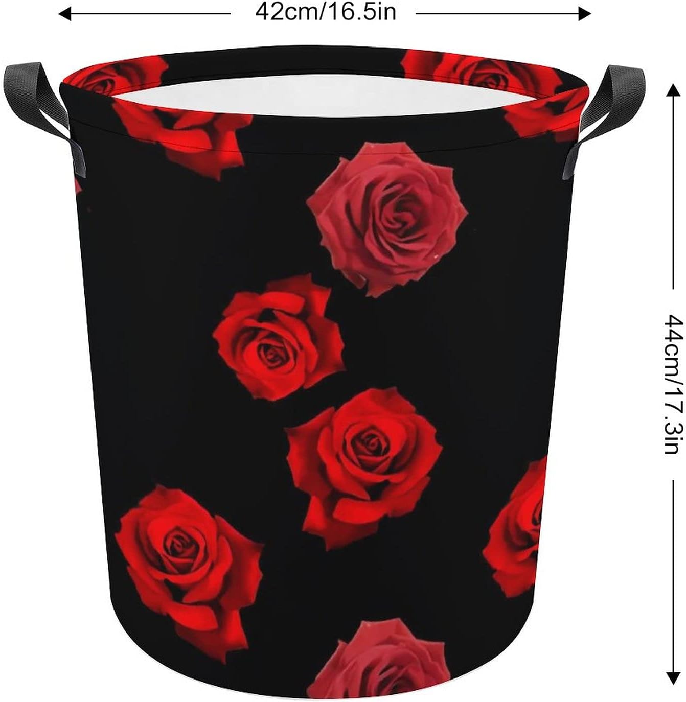 Red Roses on Black Laundry Basket, Collapsible Dirty Clothes Hamper With Handle, Suitable of Bedroom, Bathroom, Dormitory, farmhouse, Toy Basket, 17.3in H x 16.5inD