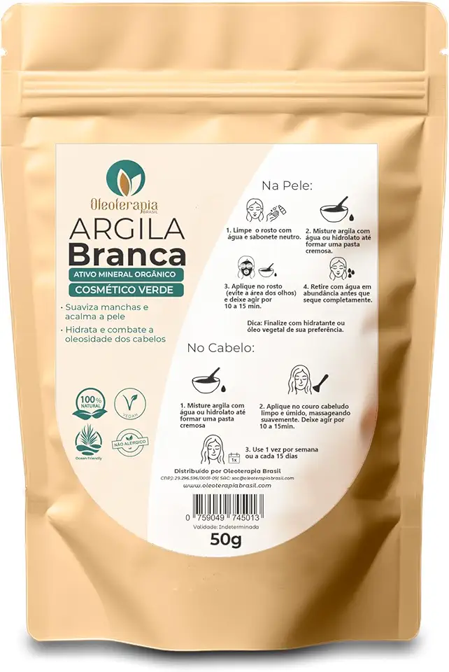 Argila Branca 50g - 100% natural - Uso cosmético/rosto, cabelo e corpo