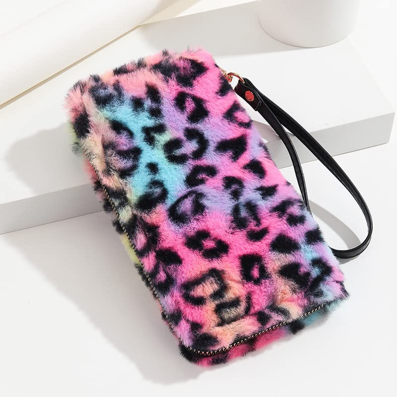 Women Fluffy Leopard Print Fluffy Wallet Bag Faux Fur Plush Tie Dye Rainbow Zipper Purse Coins Card Holder Organizer2
