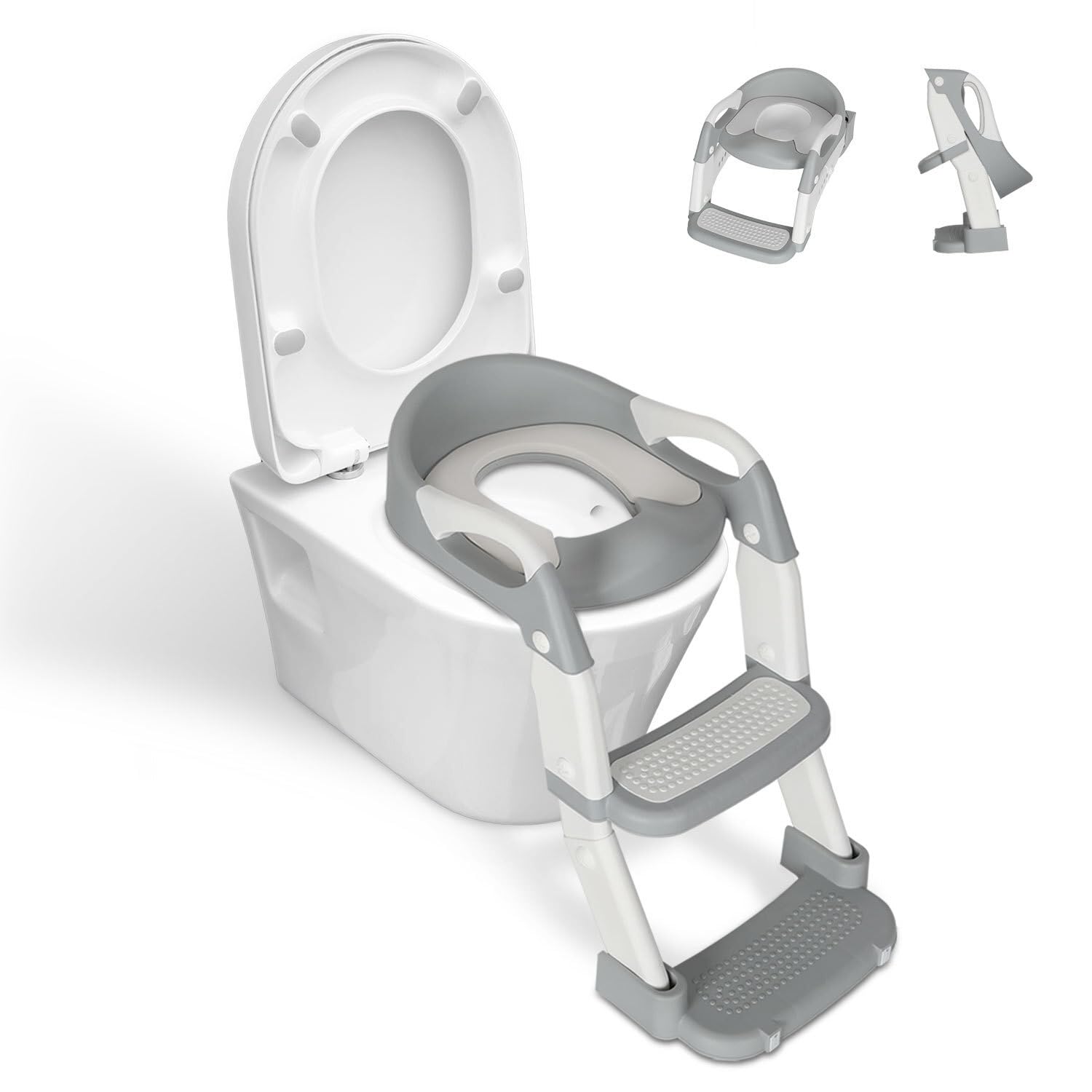 Abattant WC avec escalier 2 en 1, marchepied pour enfants, réglable en hauteur et pliable, avec protection anti-éclaboussures, gris
