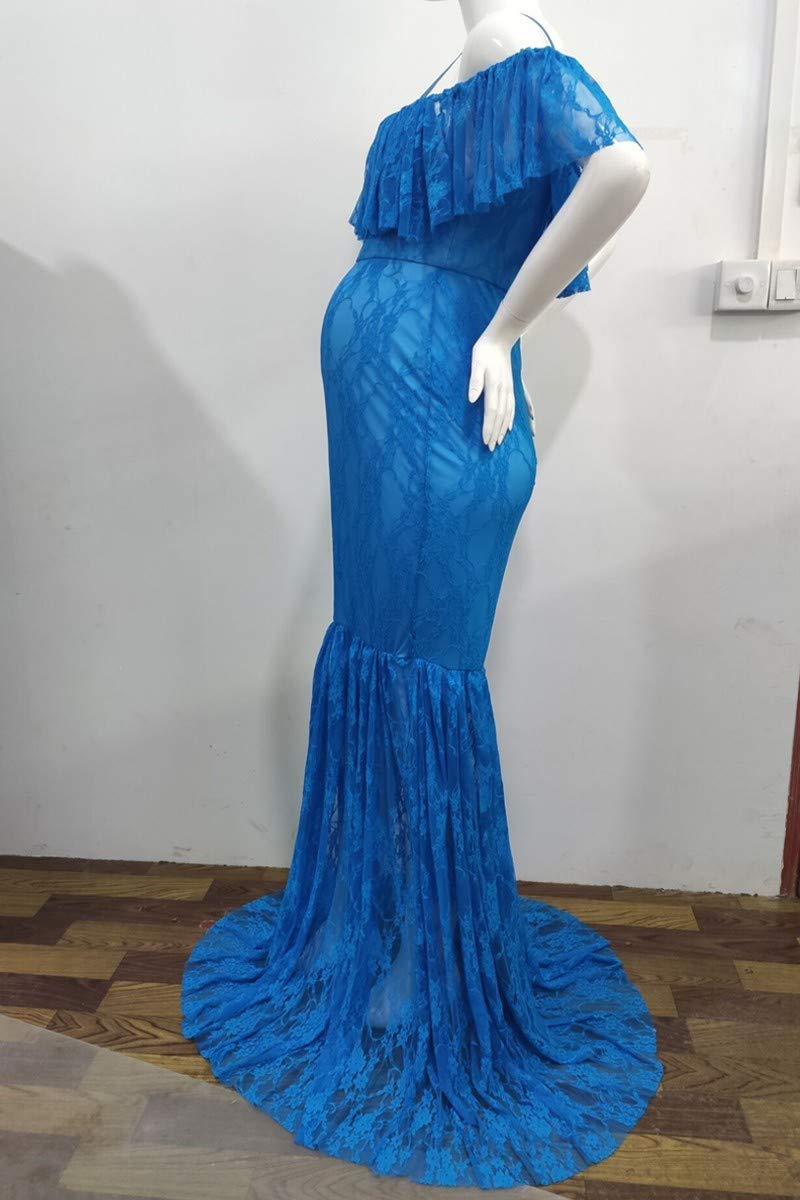 MYRISAM Kobiety macierzyńska koronkowa sukienka z odsłoniętymi ramionami falbanka wąska dopasowana sesja zdjęciowa wesele bal studniówka sukienka na baby shower, Głęboki błękit, M