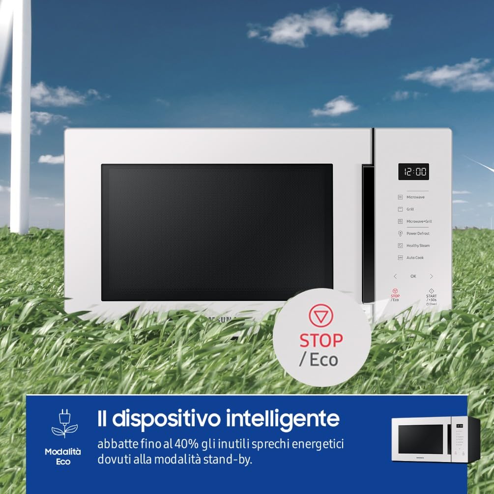 Samsung Forno a Microonde Glass Design Cottura Sana, MG30T5018UE, Vapore, Cottura Automatica, Microonde + Grill 900 W + 1500 W, 30 L, LxAxP: 52 x 30 x 42,5 cm, Porcellana