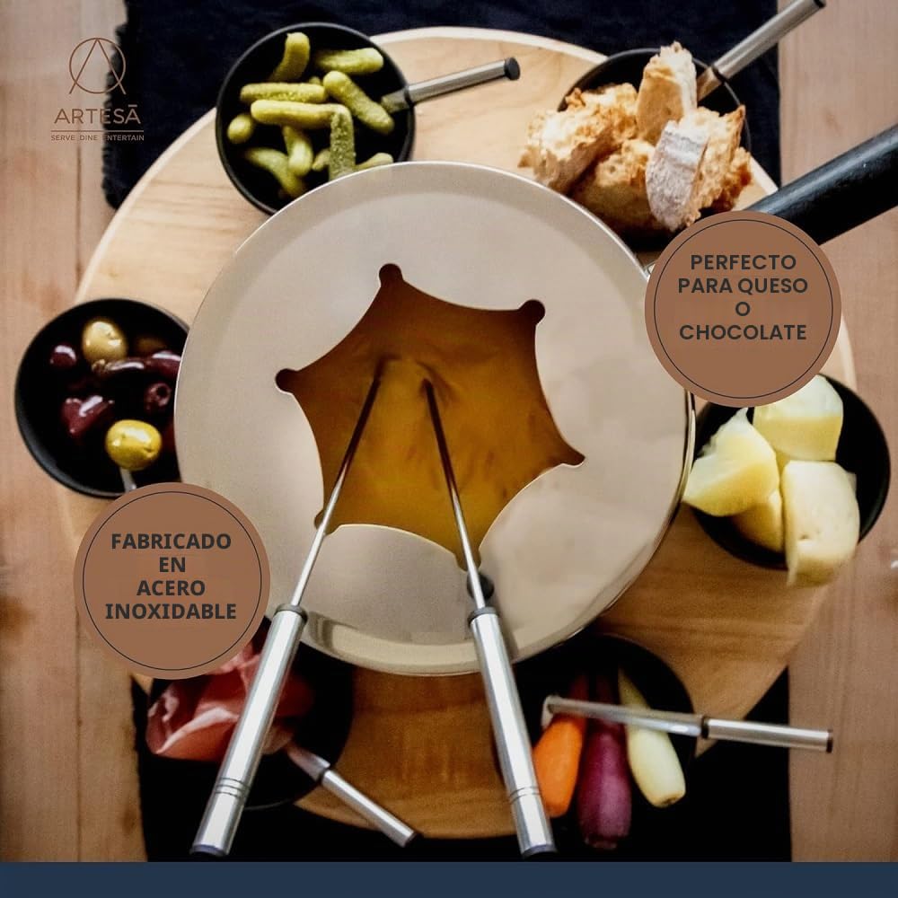 Artesà Juego de Fondue con Plato Giratorio Lazy Susan, Olla de Fondue de Acero Inoxidable con Quemador, Recipientes y Utensilios, Juego de 22 Piezas, Negro