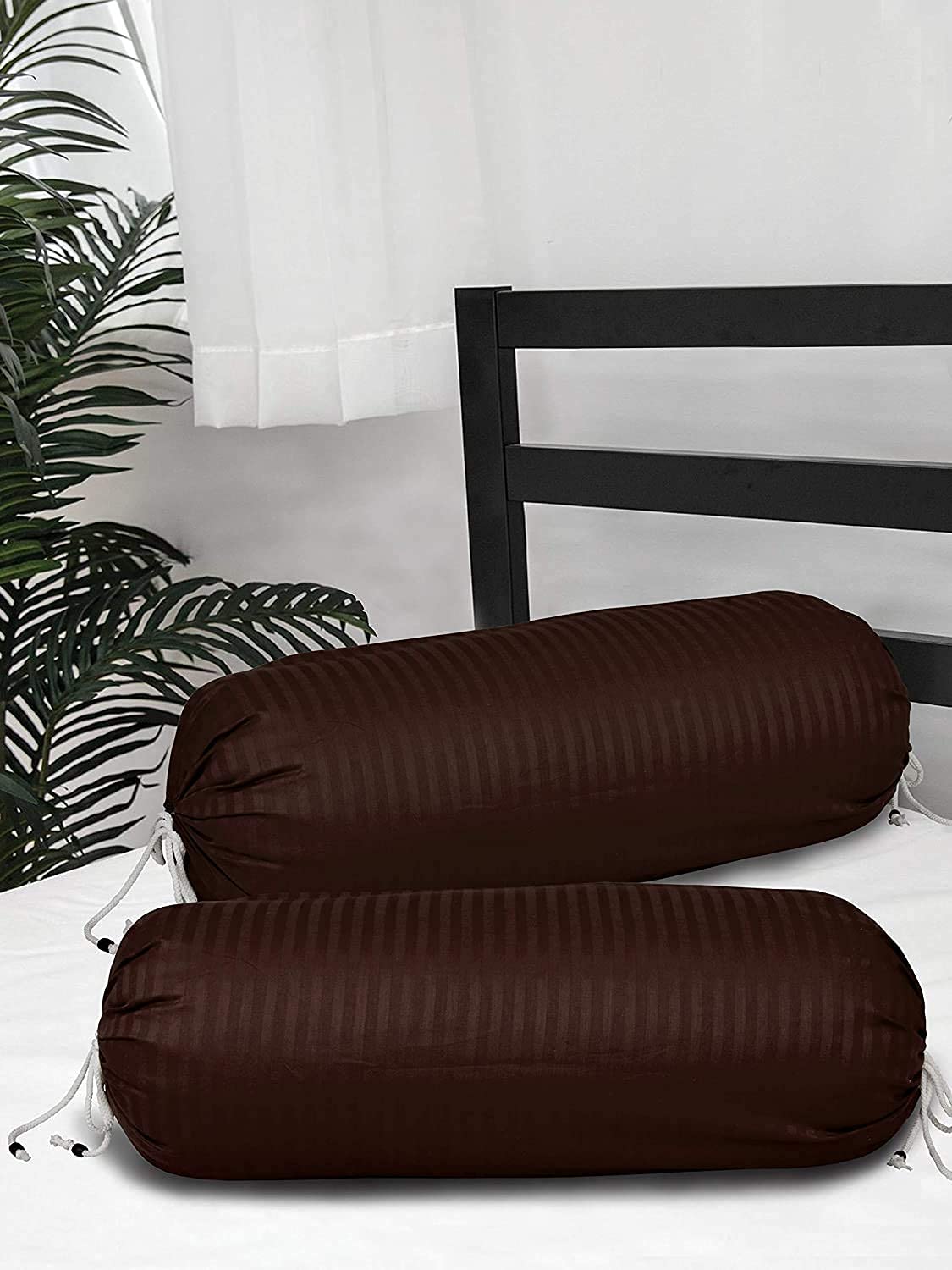 CASA-NEST 220 TC Satin Striped Bolster Covers, Set of 2 (Brown, Standard Size)-image-35