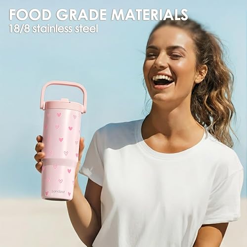 Miniatura 6 de SANDJEST Vaso con pajita de acero inoxidable con tapa y asa de 30 onzas con asa de transporte para mujeres y niñas, taza de café aislada para