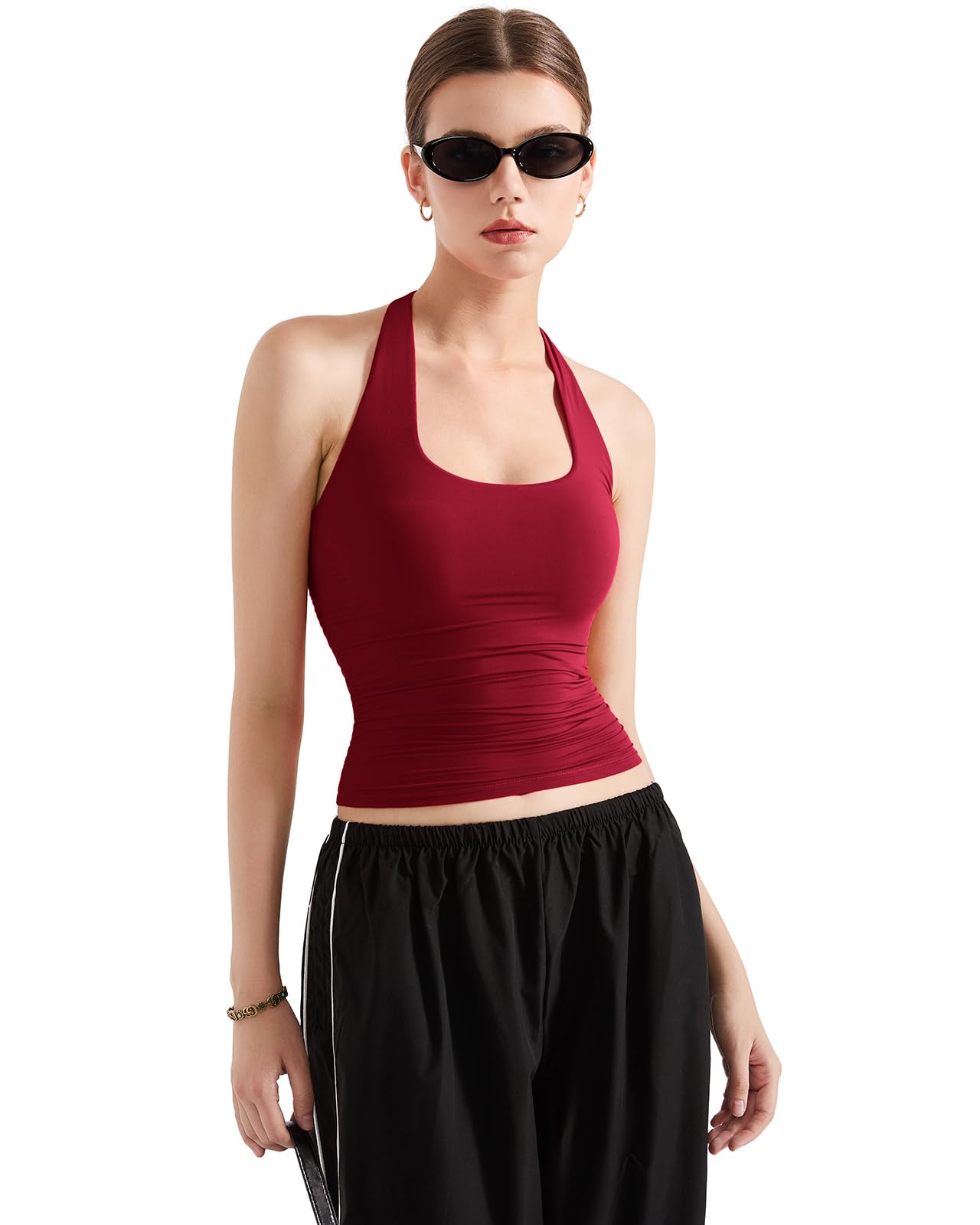 SUUKSESS Women Halter Tank Tops Double Lined Backless Y2K Trendy Going Out Tops: X-Small Wine Red