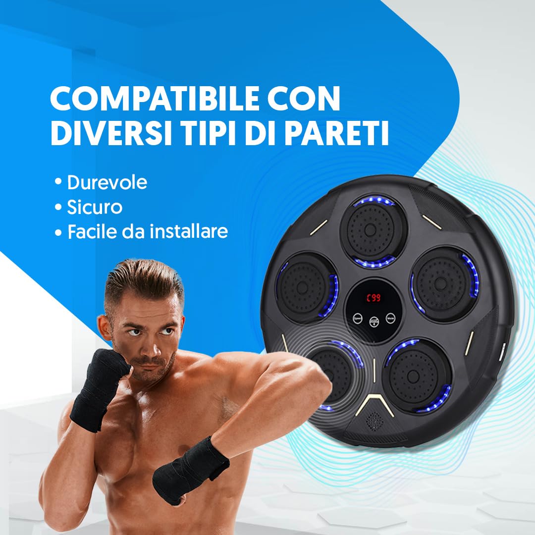 NK Music Boxing Machine da Parete Bluetooth - Boxe Musicale 9 Modalità di Allenamento e 9 Velocità, Altoparlante Potente, Schermo LCD e Illuminazione LED, Adatto per Adulti e Giovani (43 x 43 x 7,5cm)