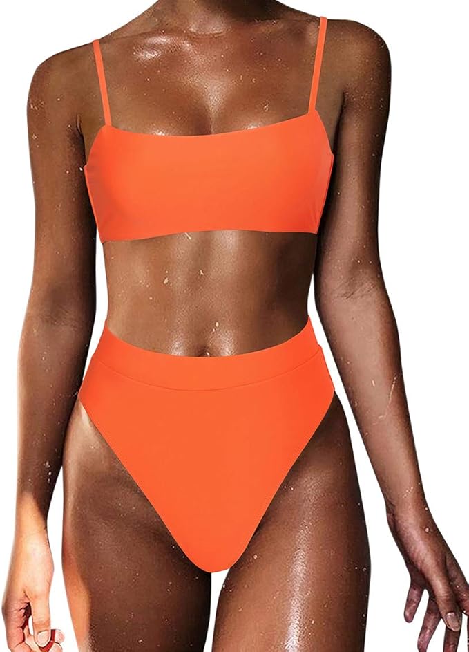 MOSHENGQI Women High Wasited Bikini Shoulder Strap 2 Piece High Cut String Swimsuits