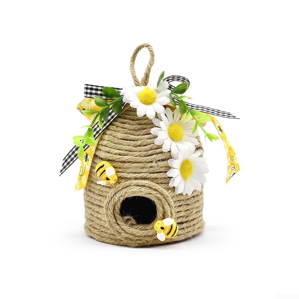 FACAIIO Handgefertigter Jute-Bienenstock-Ornament mit Holzbienen, Büffelkariertes Band, Landhaus-Dekoration (A und A)