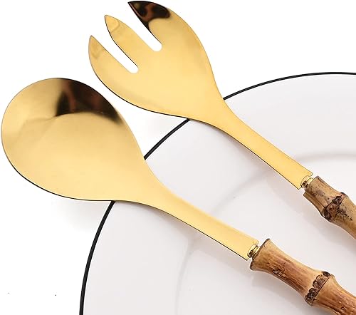 Miniatura 2 de Juego de 4 piezas de utensilios para servir con mango de bambú, cuchara larga de acero inoxidable 304, para cocina, bufé, restaurante, boda, fiesta