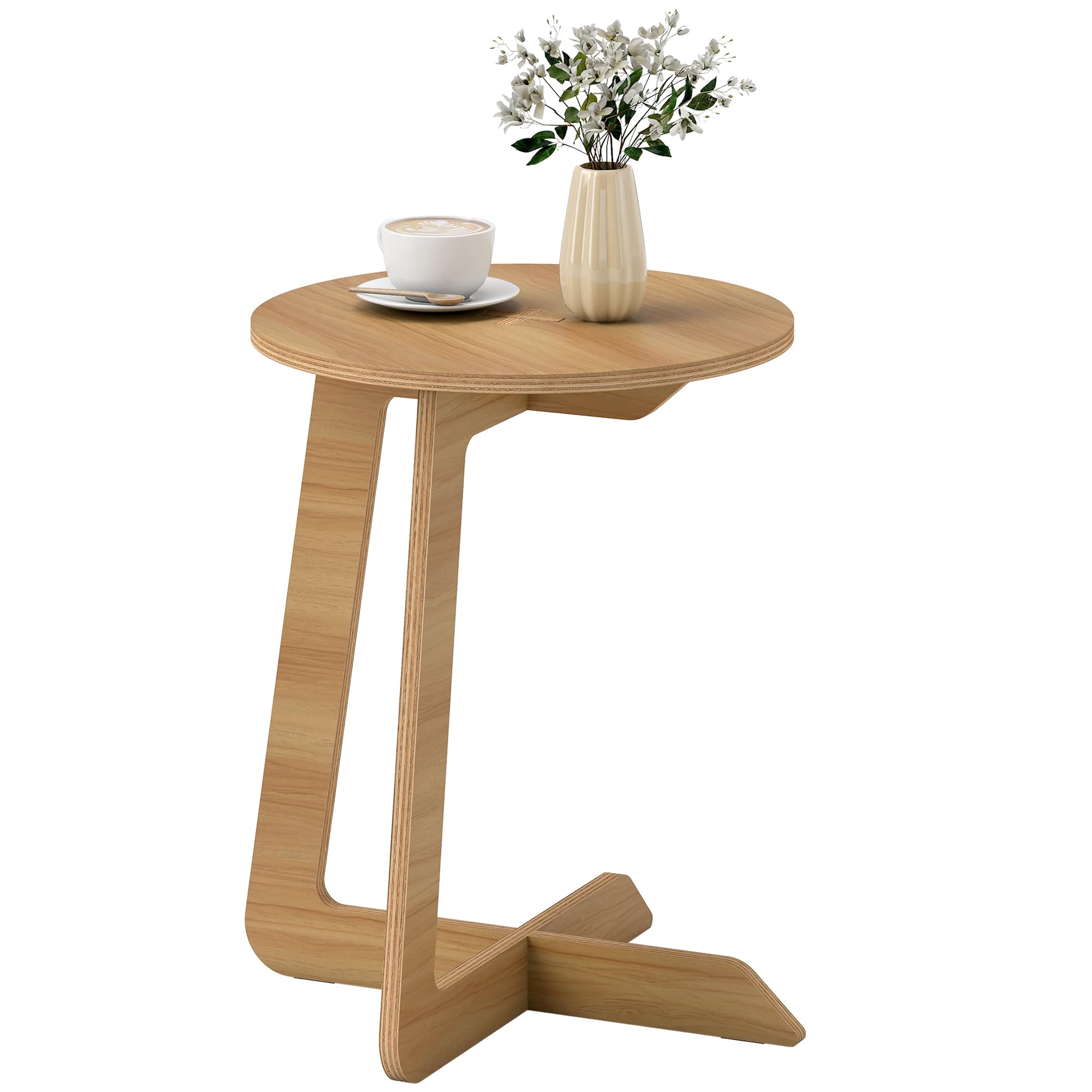 HOMCOM Mesa Auxiliar en Forma de C Montaje Rápido Salón Dormitorio Natural | Mesita Auxiliar Redonda, para Espacios Pequeños