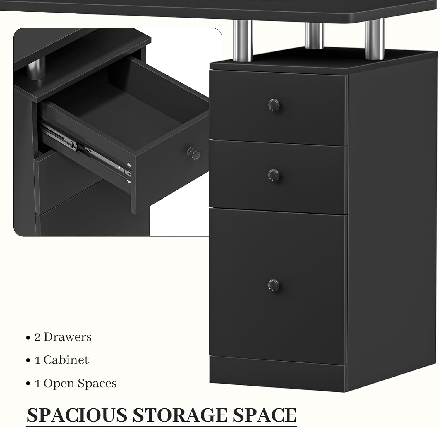 Black Nail Desk for Nail tech, Beauty Salon Manicure Table, Acetone Resistant Nail Station with Wrist Cushion, Storage Drawers, and Cabinets, for Beauty, Salon, Spa Makeup (Black-03)