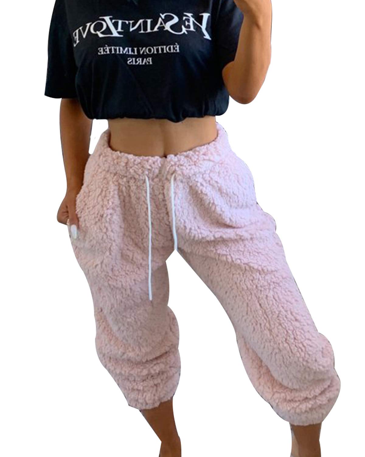 Springcmy Women Fluffy Pajama Pants Warm Fleece Plush Lounge Drawstring Pants Sleepwear (Pink, L)
