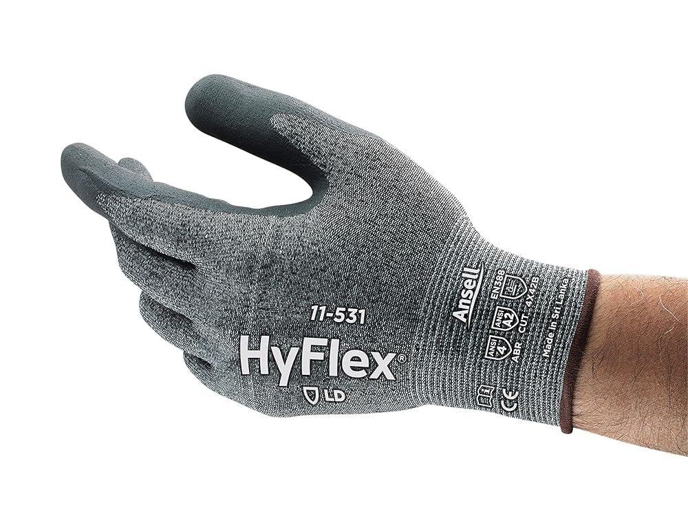 Ansell HyFlex 11-531 rękawice odporne na przecięcie, ochrona mechaniczna, wyjątkowa przyczepność, ultralekki styl, przemysłowa odzież robocza PPE, rozmiar M (12 par)