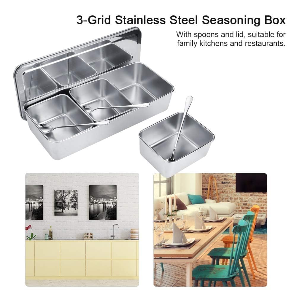 Set di contenitori per condimenti in acciaio inox, con 3 scomparti, per spezie, sale, zucchero, utensili da cucina e condimenti, con coperchio per cucchiai