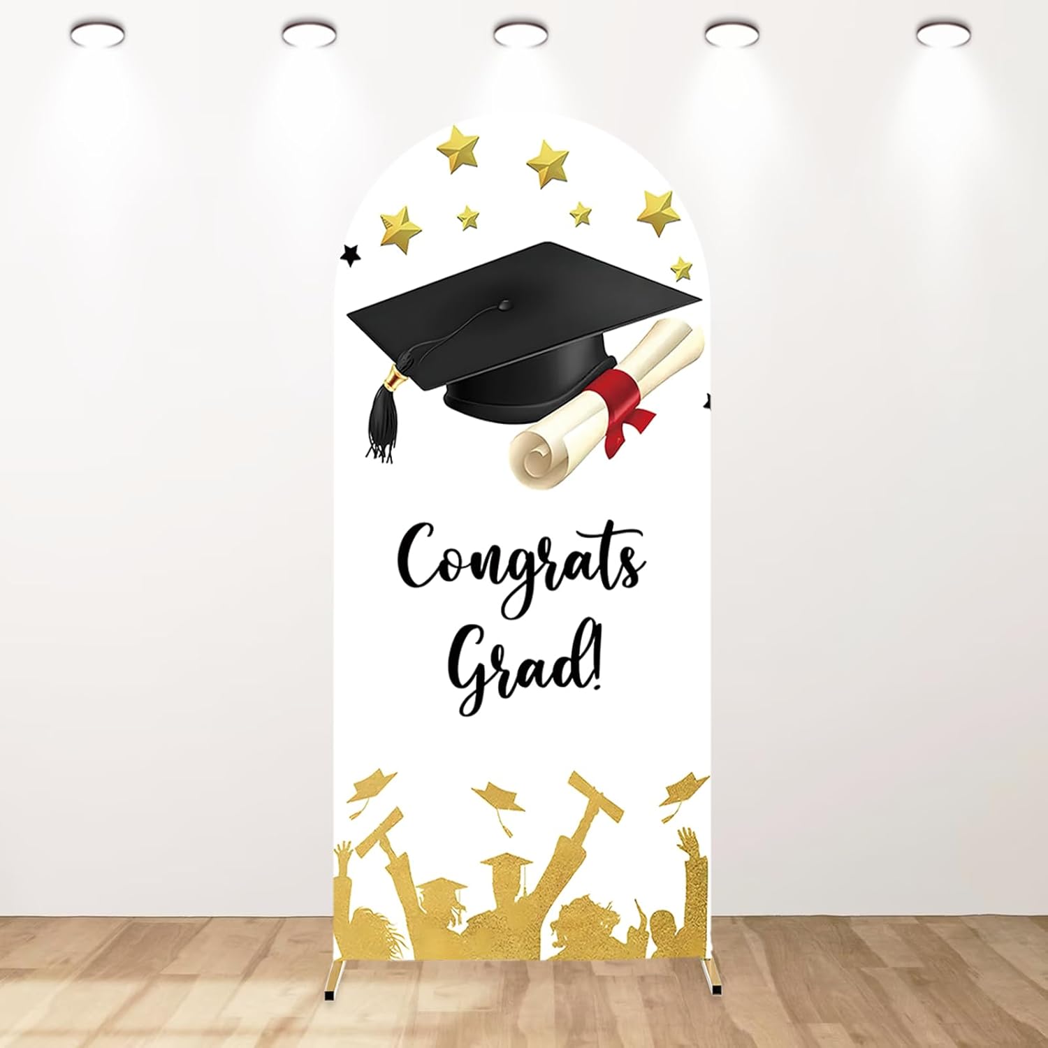 7.2ft Congrats Grad Arch Backdrop Cover Class of 2025 Graduation Arch Cover Gold Stars Black Bachelor Hat Congratulations Graduation Prom Party Decor Portrait Party Supplies