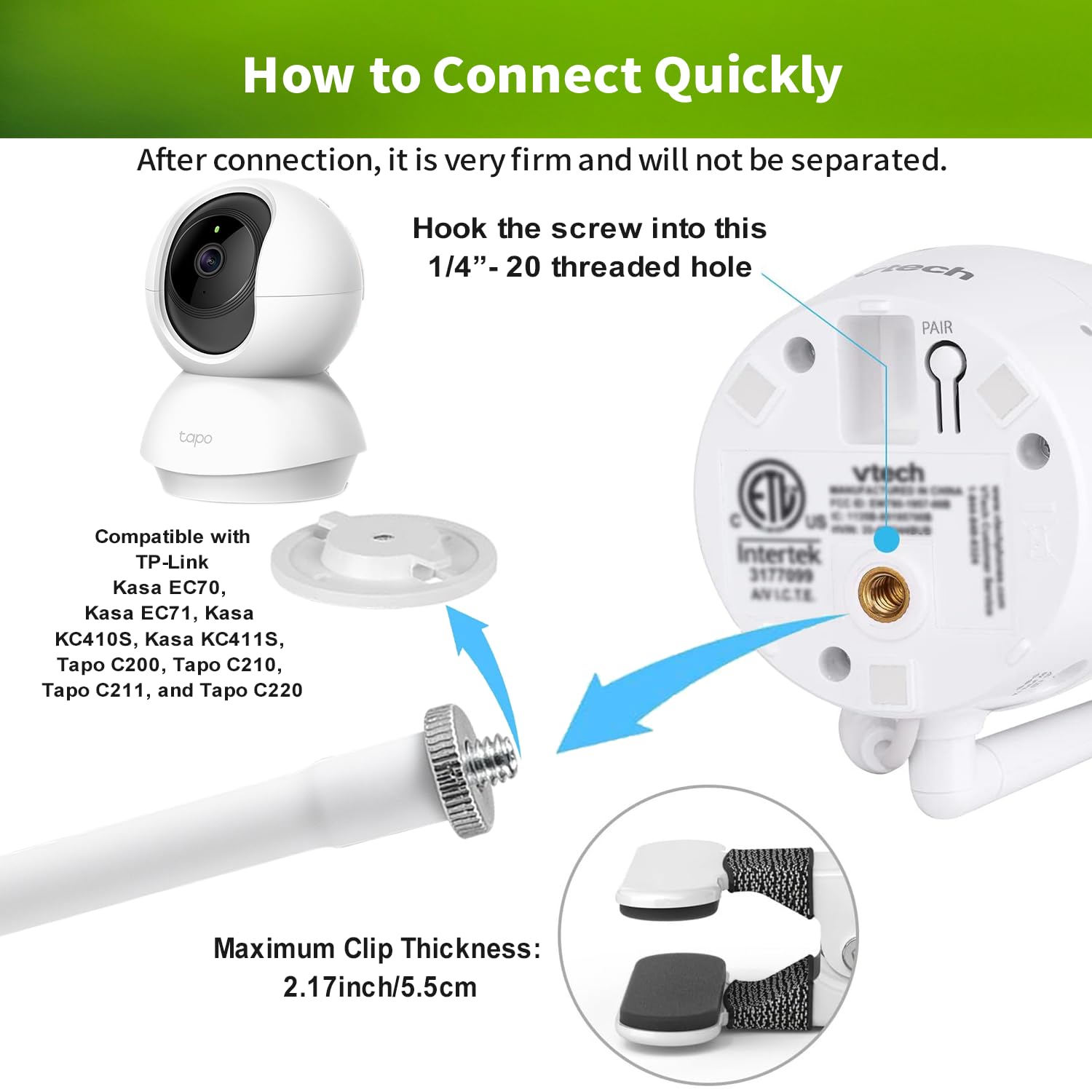 Lonnky Support flexible à clip pour appareils photo TP-Link Tapo C200/C210/C220/C230, support de serrage réglable en col de cygne de 15 cm pour la sécurité intérieure et extérieure et l'utilisation