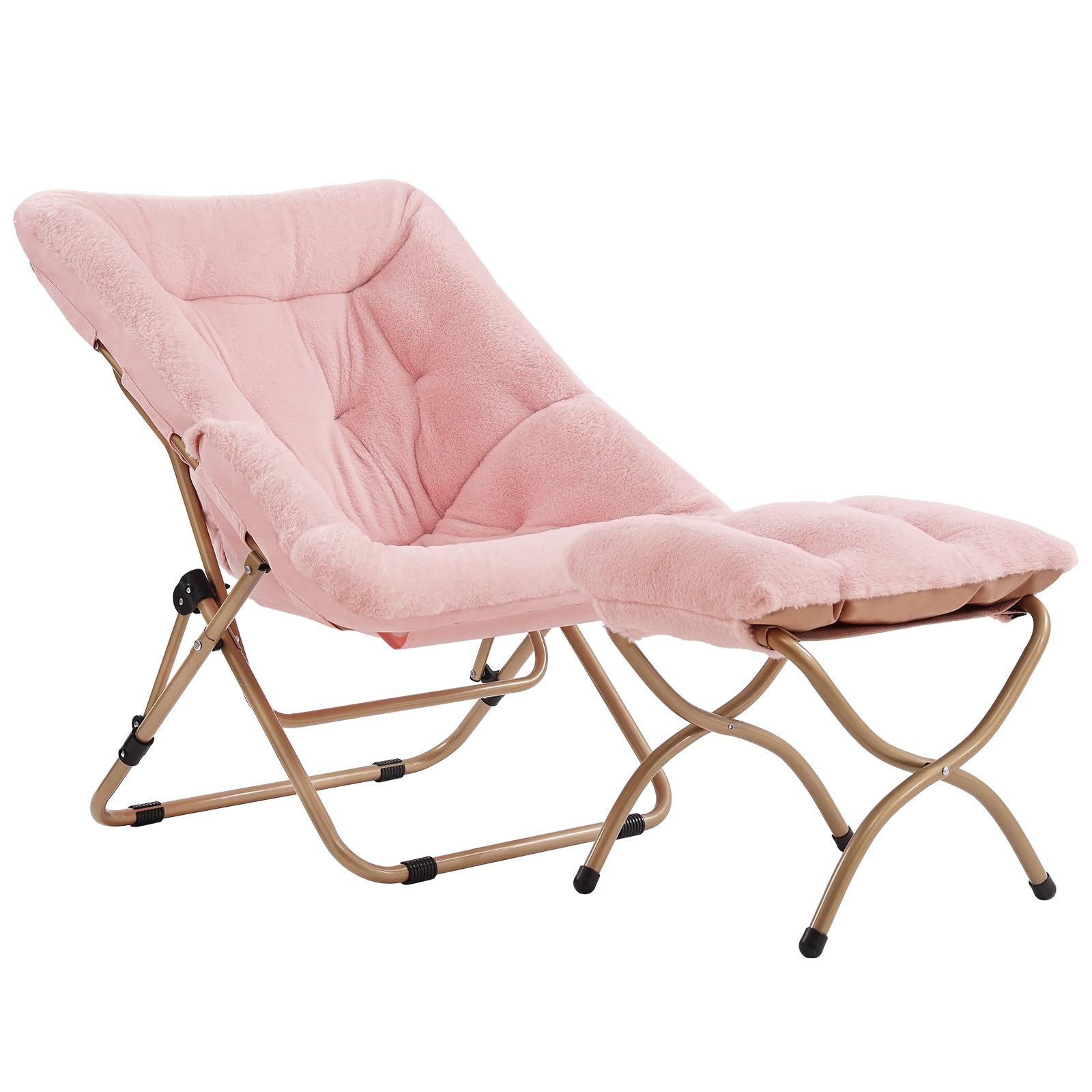 Tiita Folded Chair with Ottoman, Soft Faux Fur Oversized Folding Accent Chair,Lazy Chair, Metal Frame Moon Chair for Bedroom, Living Room, Dorm Rooms,