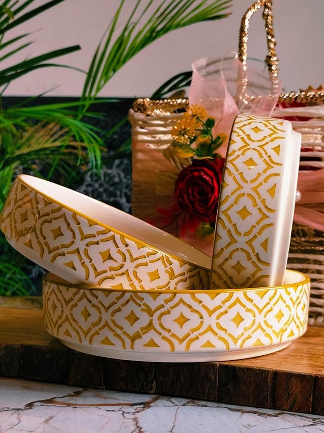 Image of Niyara Stoneware Handmade Ceramic Stylish Premium Serving Bowls, Salad Tray Microwave Dishwasher Safe, Ceramic Flat Serving Bowl Set of 3, Sizes: 600ml, 500ml, 450ml (Golden Salad)