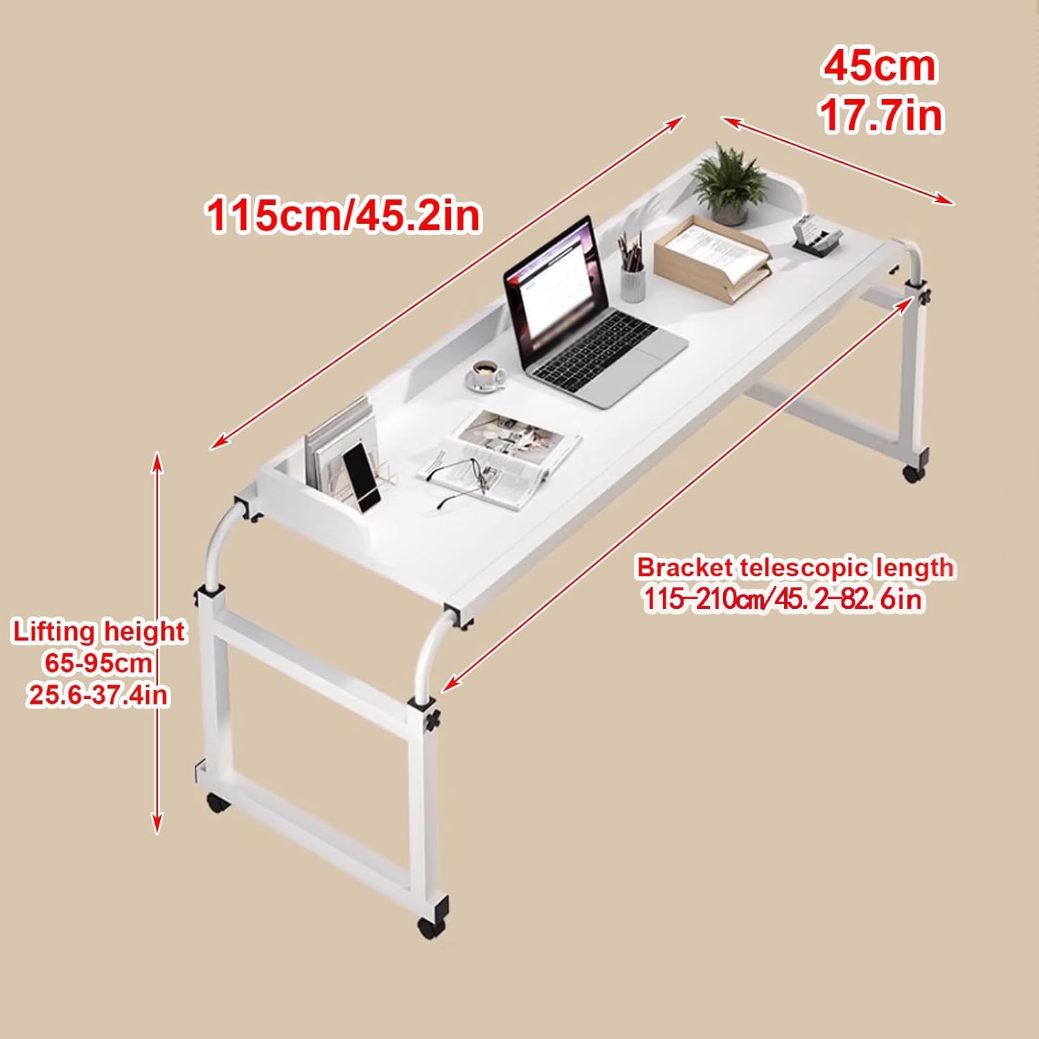 Mesas de Cama con Ruedas, mesas de Cama para Silla de Ruedas, portátil Grande, Bandeja de Desayuno Plegable, Escritorio de pie con Ruedas Ajustable con inclinación (Color: Blanco+)