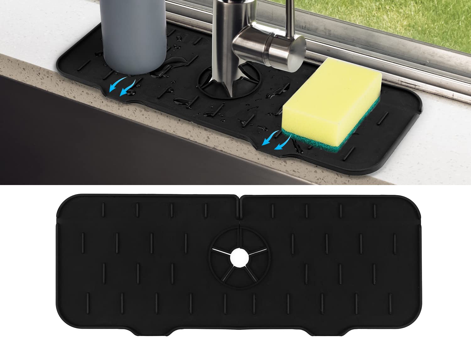 Kitchen Sink Splash Guard - Silicone Faucet Handle Drip Catcher Tray, Dish Soap Dispenser and Sponge Holder Mat Behind Faucet, Kitchen Gadgets Sink Accessories for Kitchen Counter and Bathroom