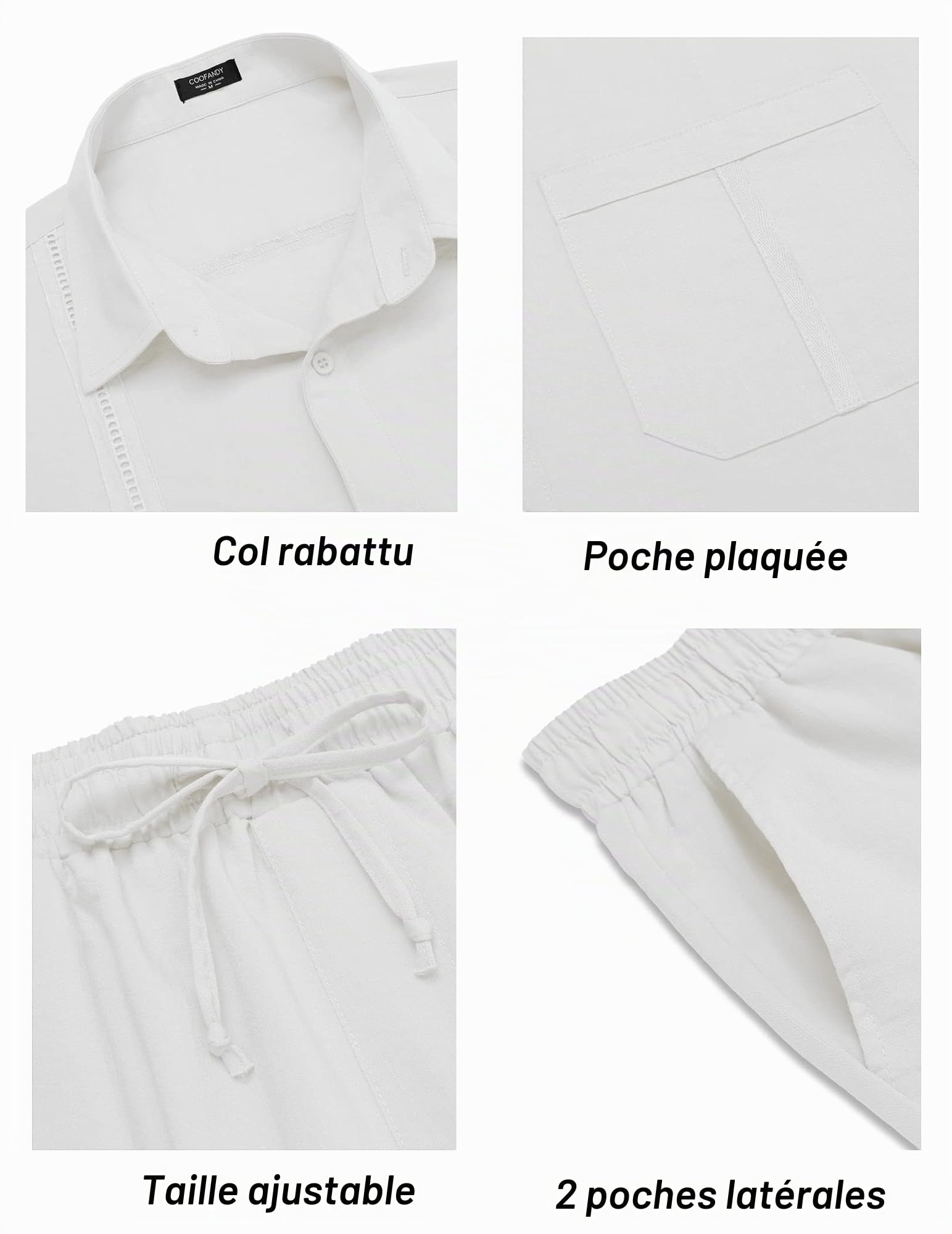 COOFANDY Ensemble 2 pièces en lin pour hommes, avec chemise cubaine boutonnée à manches longues et pantalon, pour l’été et la plage