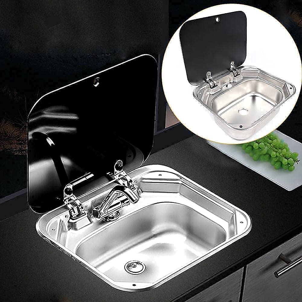 RV Outdoor Sink RV Folding Sink&Cold Hot Faucet Stainless Steel RV Sink
